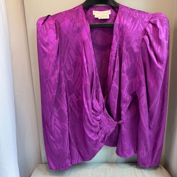 Vintage Flora Kung II NY Fuchsia 100% Silk Wrap Blouse SZ 10 | Puff Sleeve | Pow - Picture 1 of 9